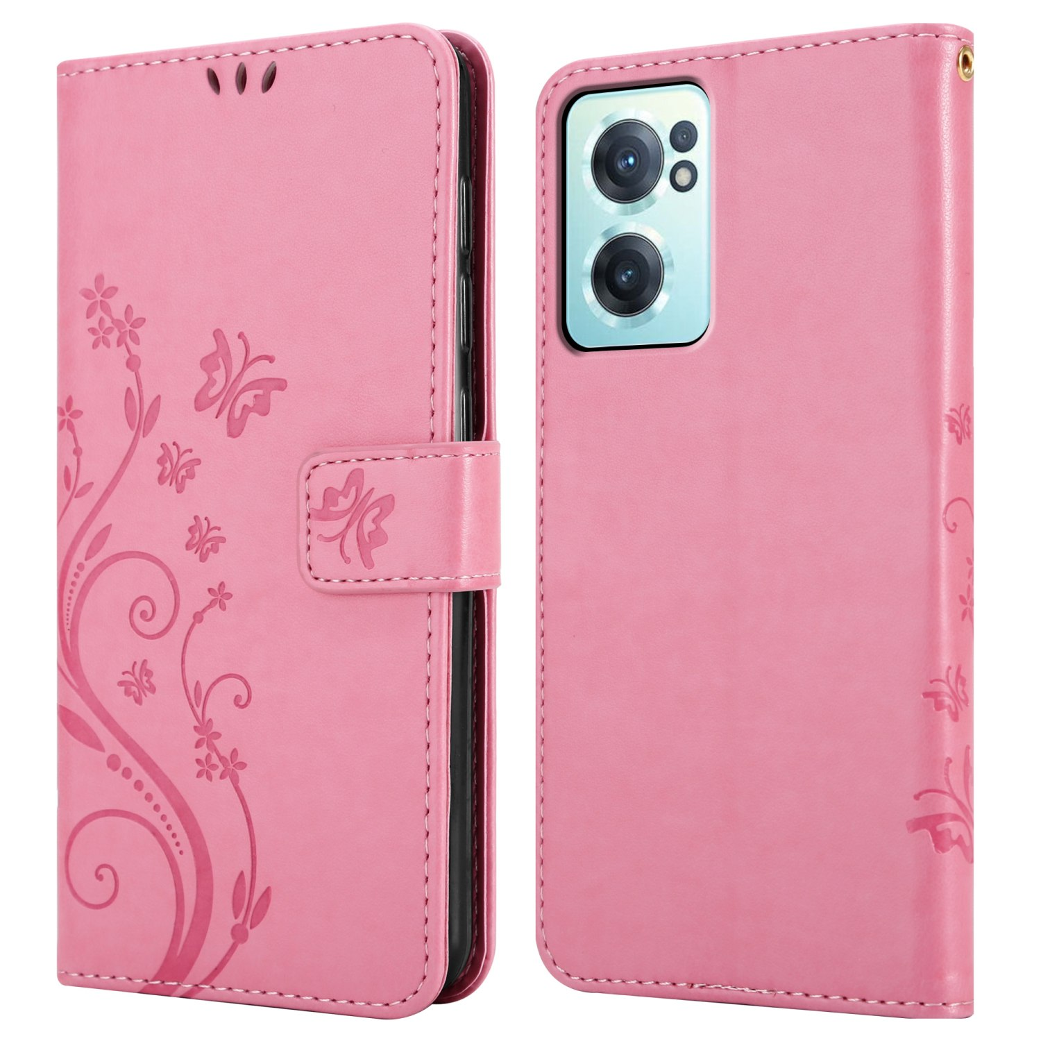 Custodia rosa, aperta. Motivo floreale a sinistra, telefono a destra.