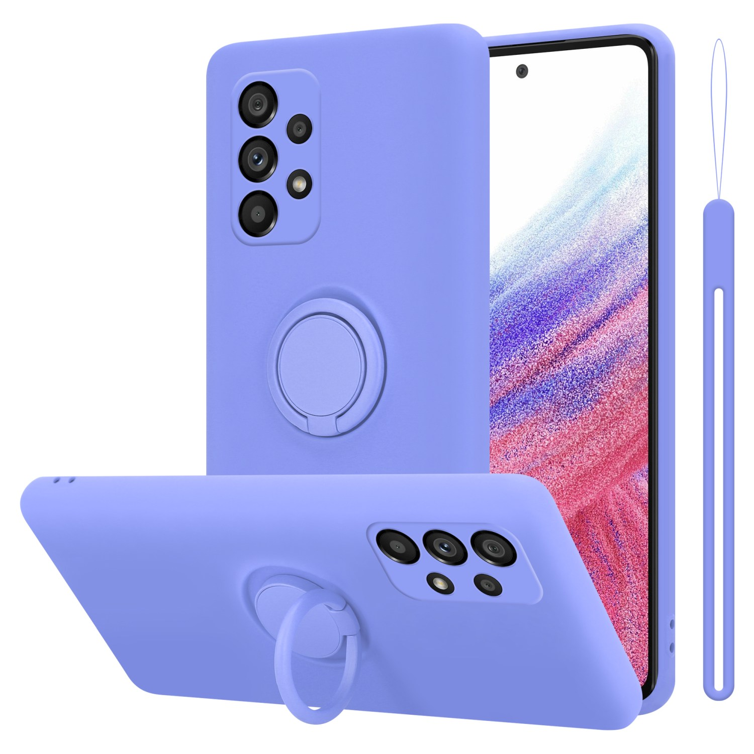 Tre custodie lilla con anello. Un telefono è in una custodia. La custodia ha una fotocamera e un cinturino.