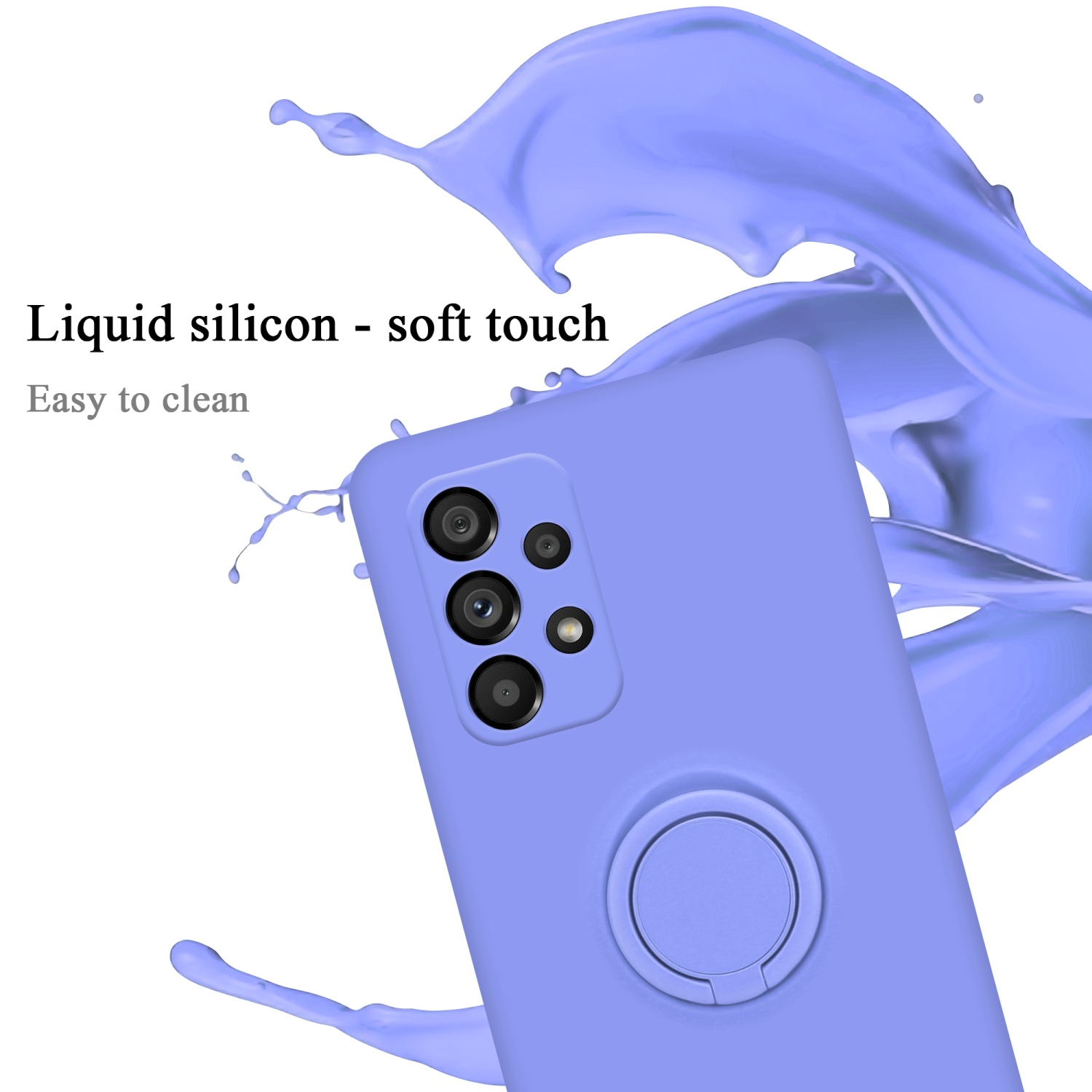 Un telefono blu con un supporto ad anello. Il telefono è ricoperto di silicone liquido. Uno schizzo blu sul lato.