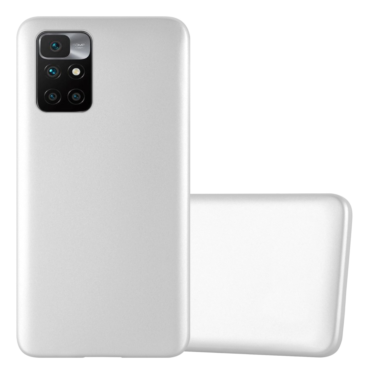 Due custodie bianche per telefono, una con modulo fotocamera, su sfondo bianco.