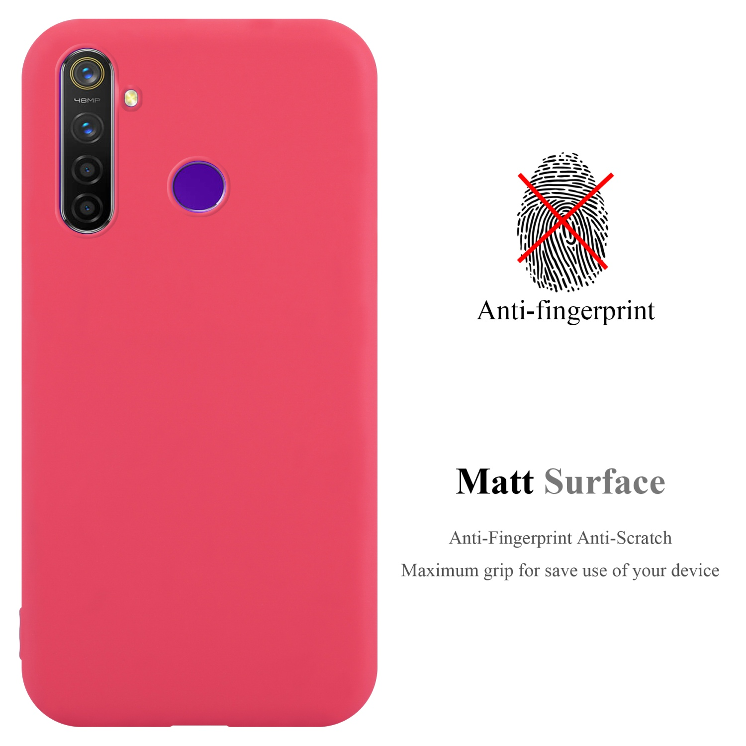 Custodia rossa per telefono su bianco. Logo anti-impronte e testo Matt Surface presenti.