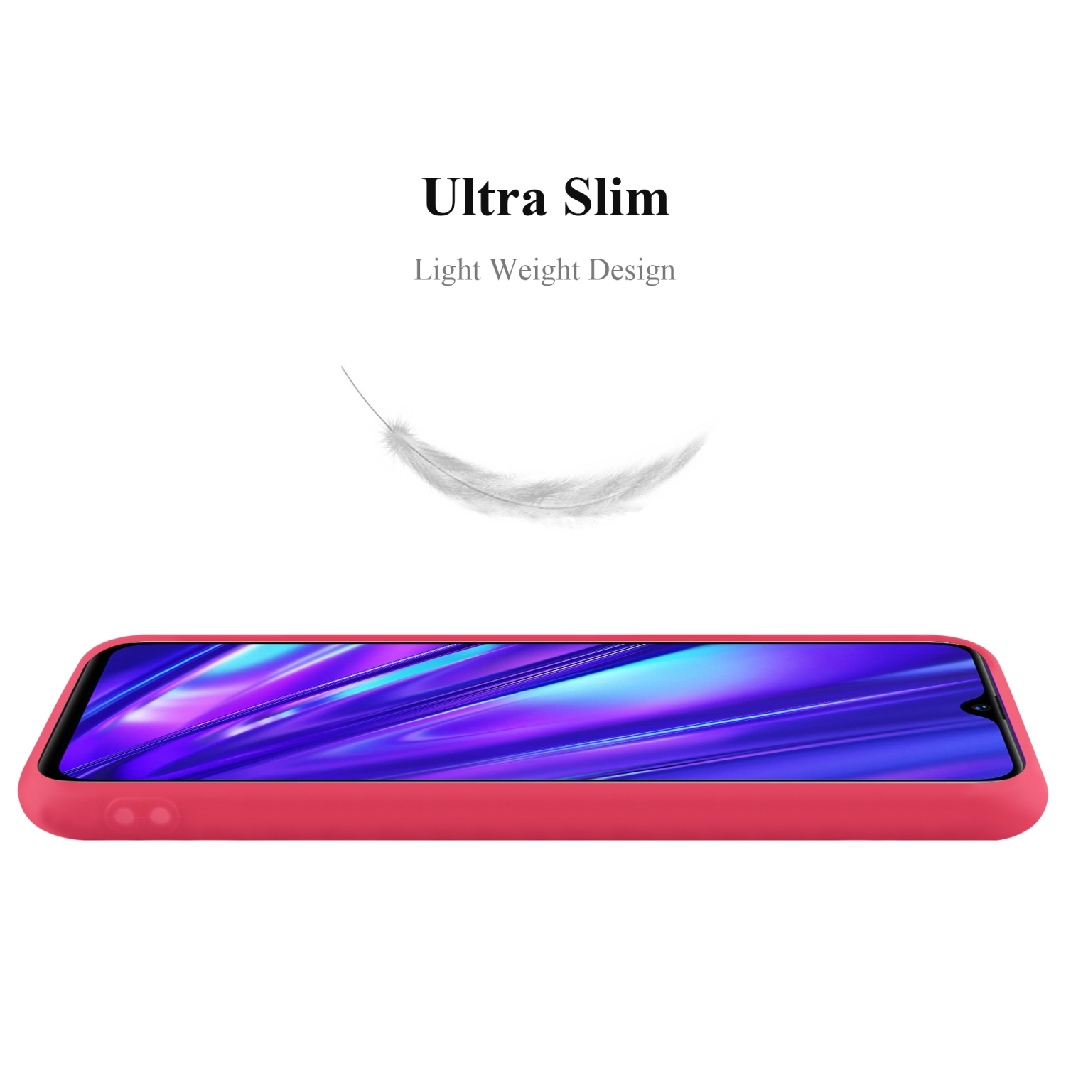 Custodia rosa per telefono. Testo: Ultra sottile, design leggero. Sfondo bianco con una piuma.