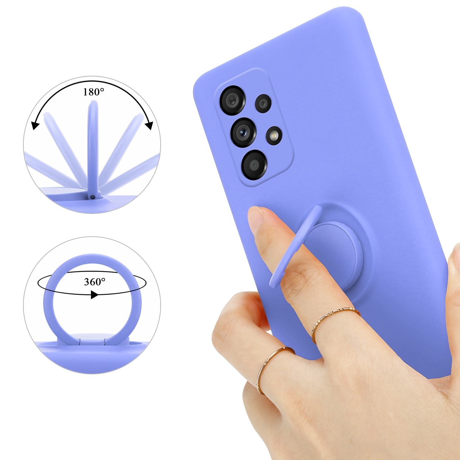 Telefono viola e supporto per anello del telefono. Il supporto è sul telefono.