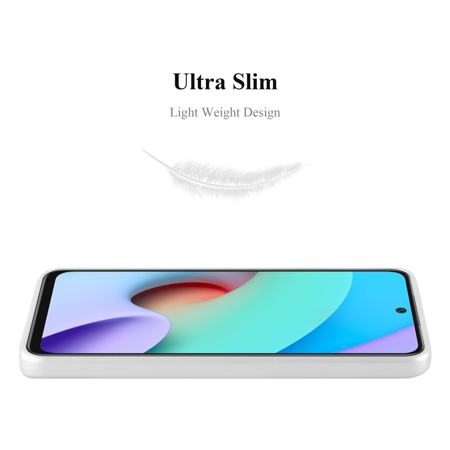 Custodia per telefono bianca con bordi neri. Testo: 'Ultra Slim', 'Light Weight Design'. Un grafico a forma di piuma è sopra.