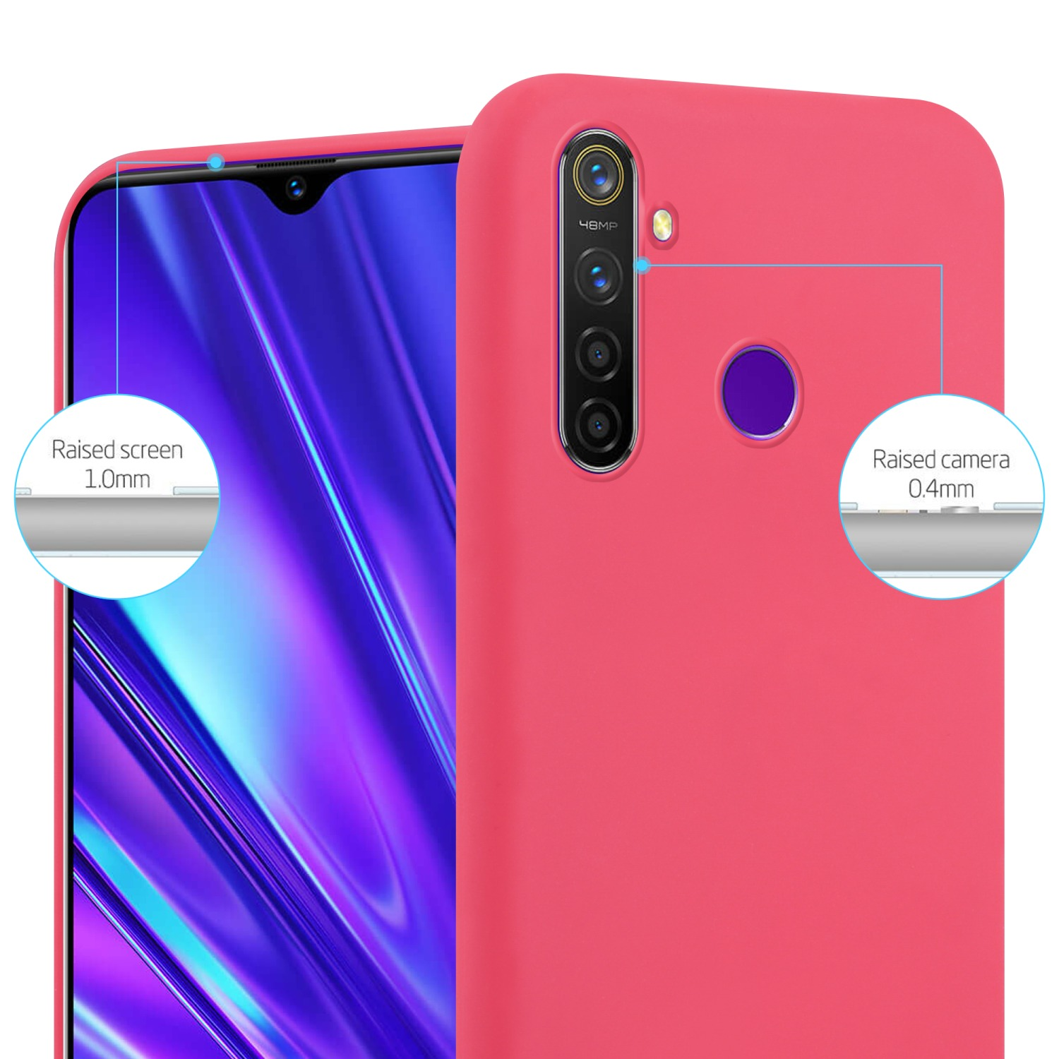 Custodia per telefono rosa con dettagli della fotocamera. Lo schermo e la fotocamera rialzati sono evidenziati con testo.