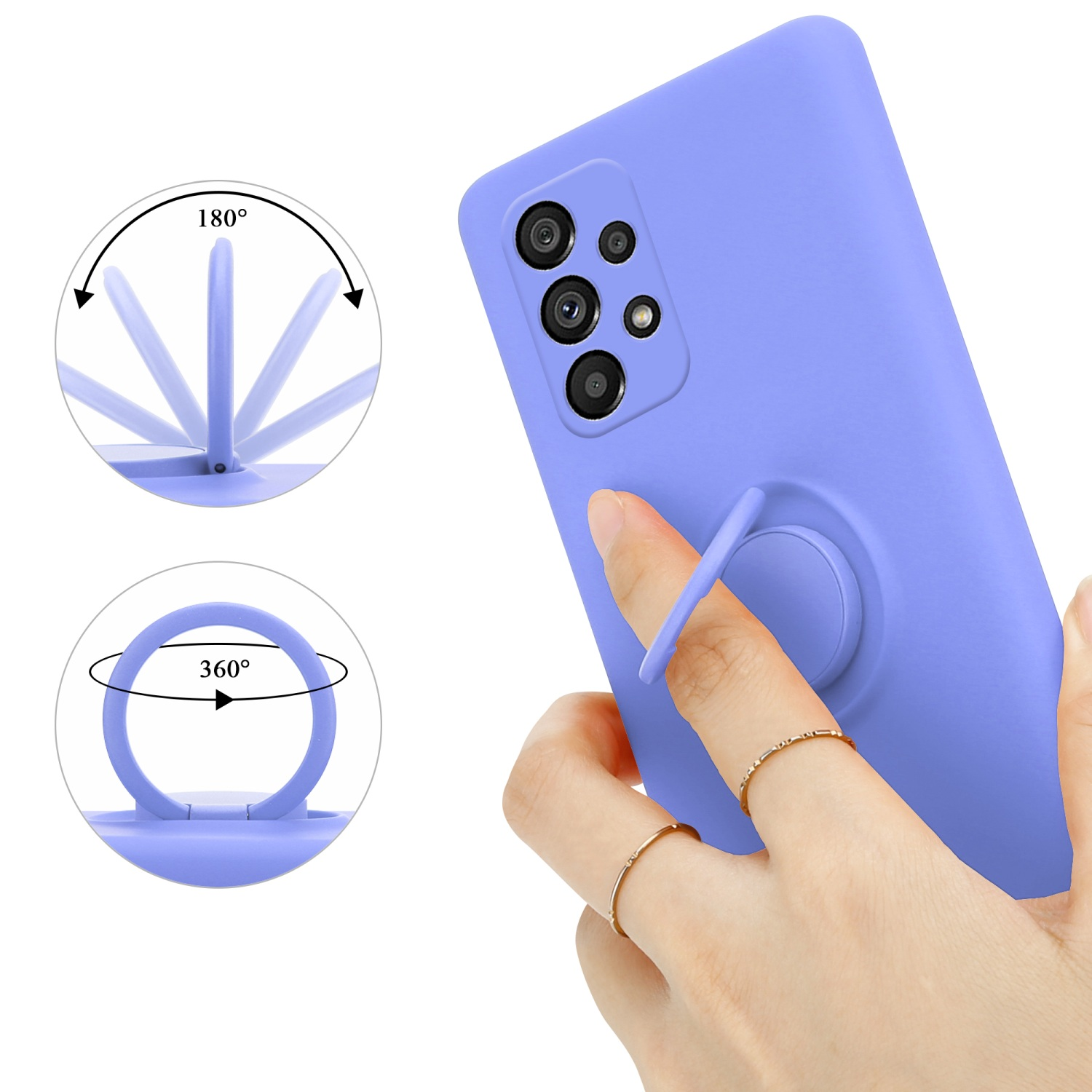 Custodia viola per telefono con supporto ad anello. Una mano sta usando il supporto.