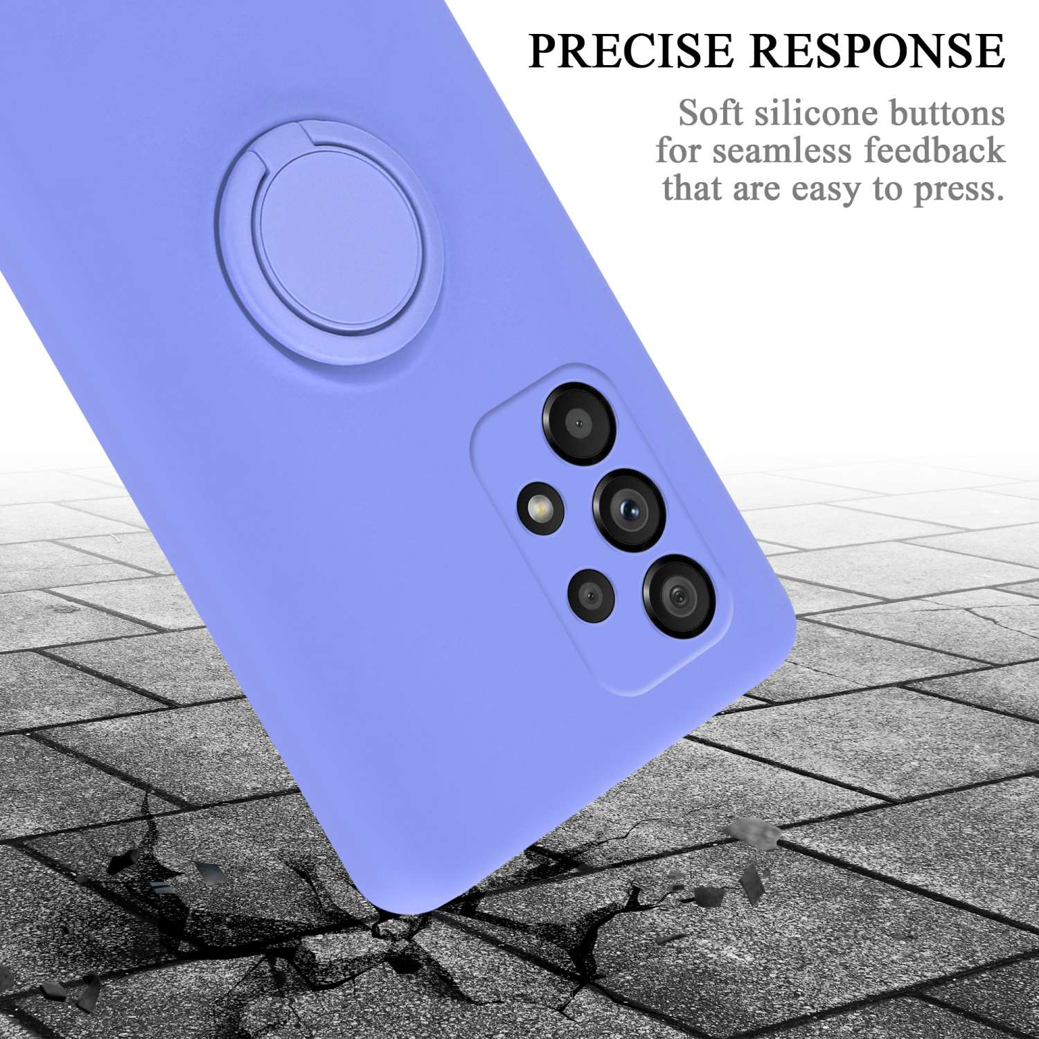 Custodia viola per telefono con anello. Testo: 'PRECISE RESPONSE'. Custodia su superficie grigia strutturata.