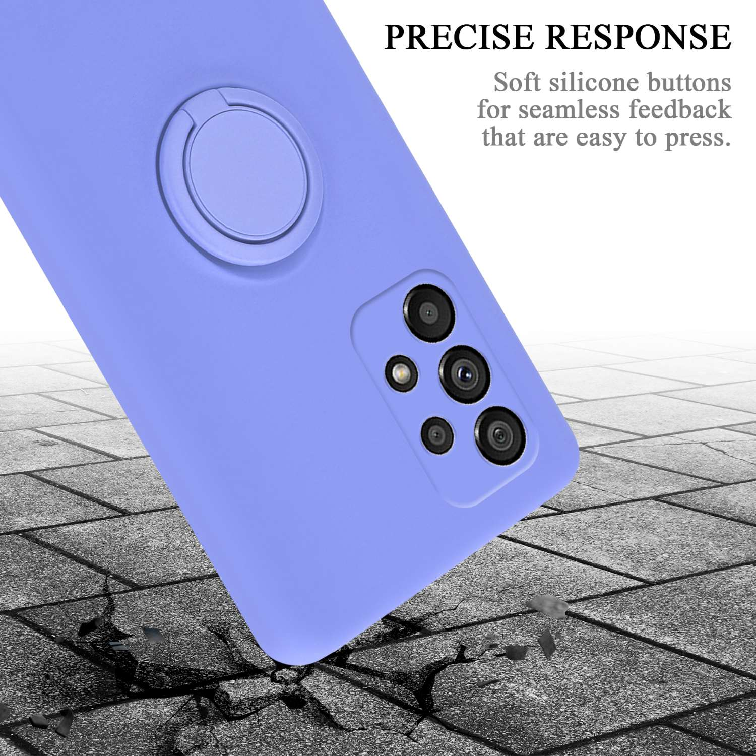 Una custodia per telefono viola con un porta anello. Il testo dice Risposta precisa. È su un terreno grigio con crepe.