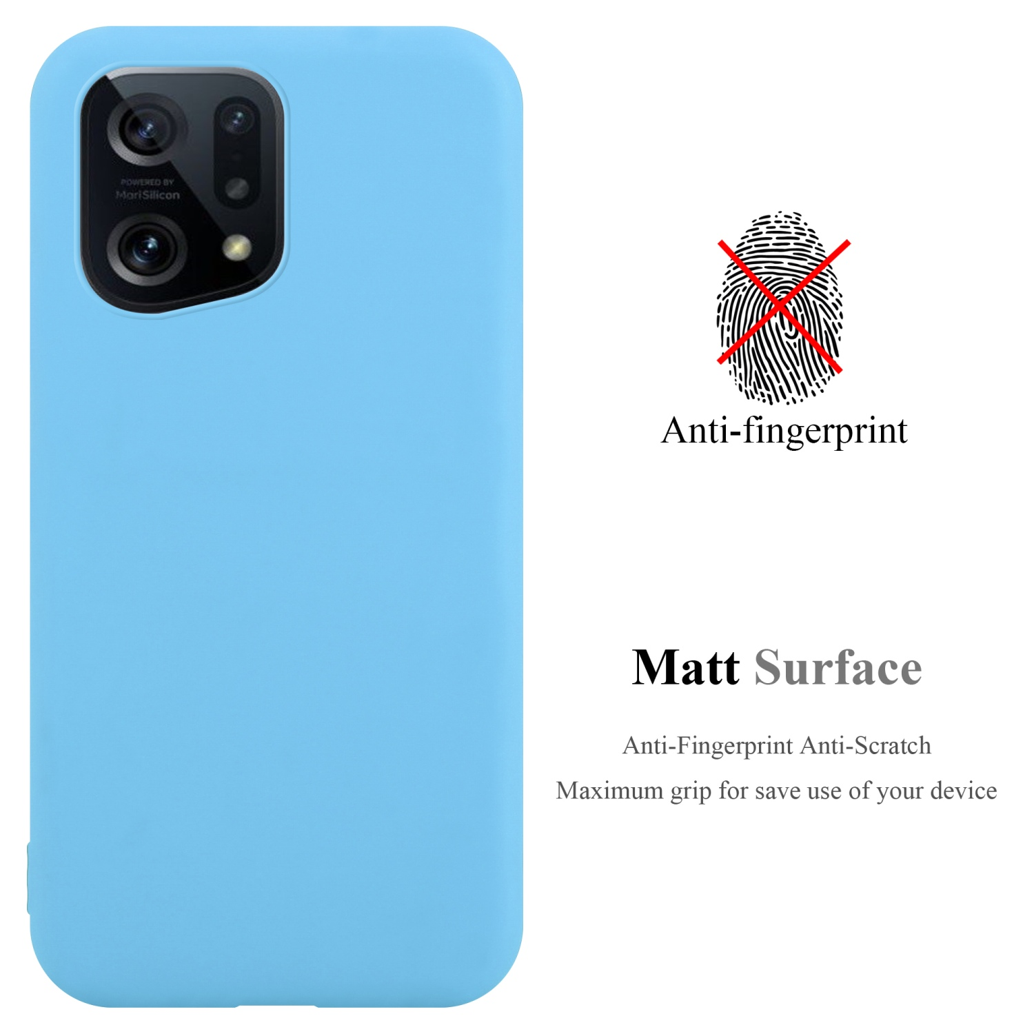 Custodia per telefono azzurra con intaglio per fotocamera. Design anti-impronte.