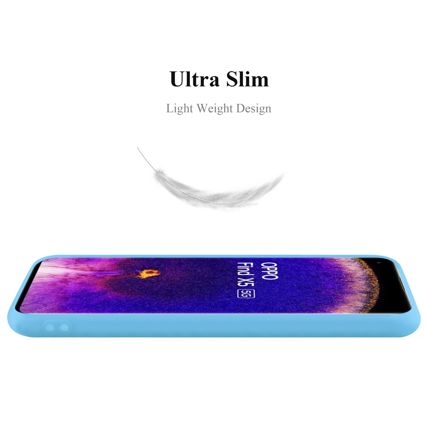 Custodia blu con telefono. Piuma bianca fluttua. Testo Ultra Slim in alto.
