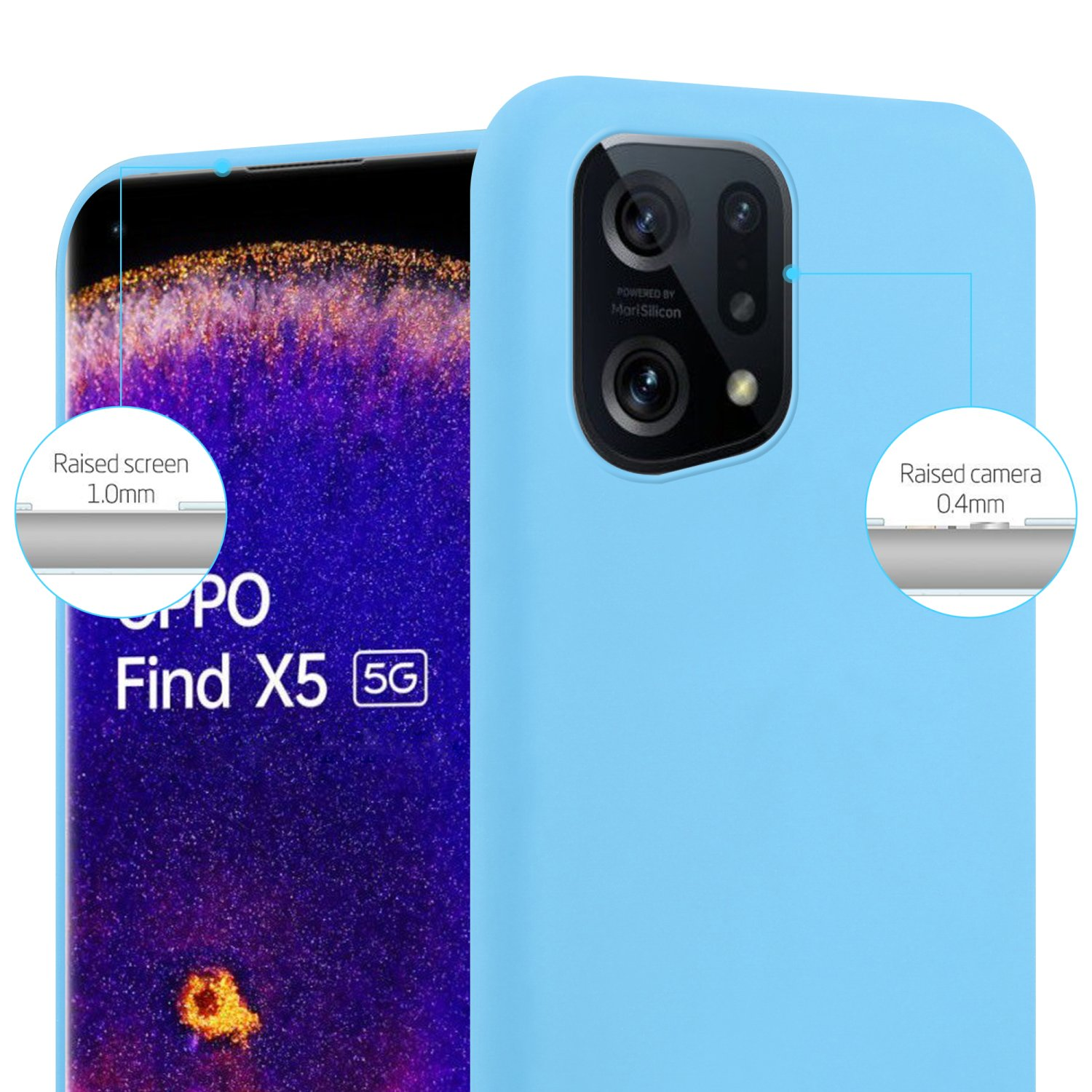 Primo piano di una custodia per telefono azzurra. Bordi dello schermo e della fotocamera rialzati evidenziati. Modello telefono OPPO Find X5 5G.