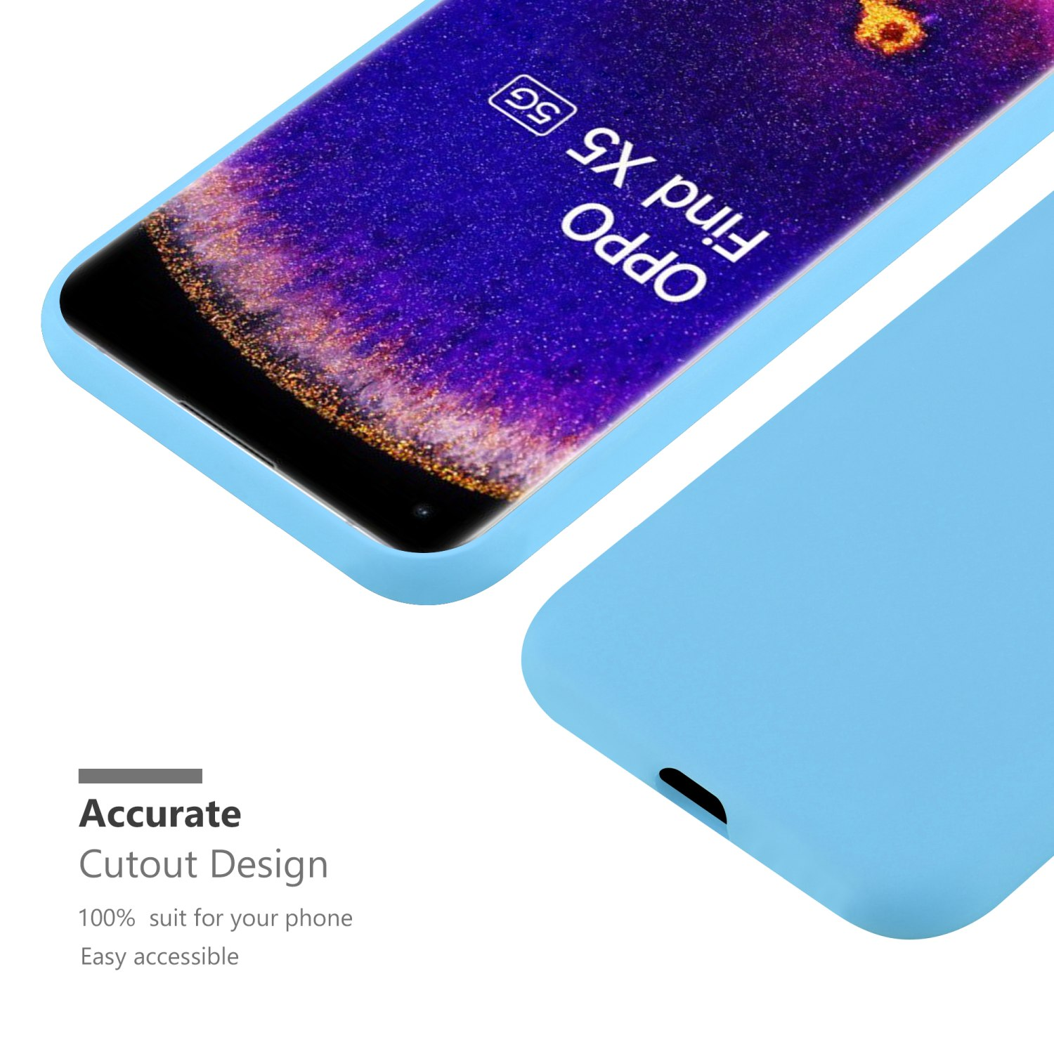 Custodia blu per telefono con telefono all'interno su sfondo bianco, con testo di design.