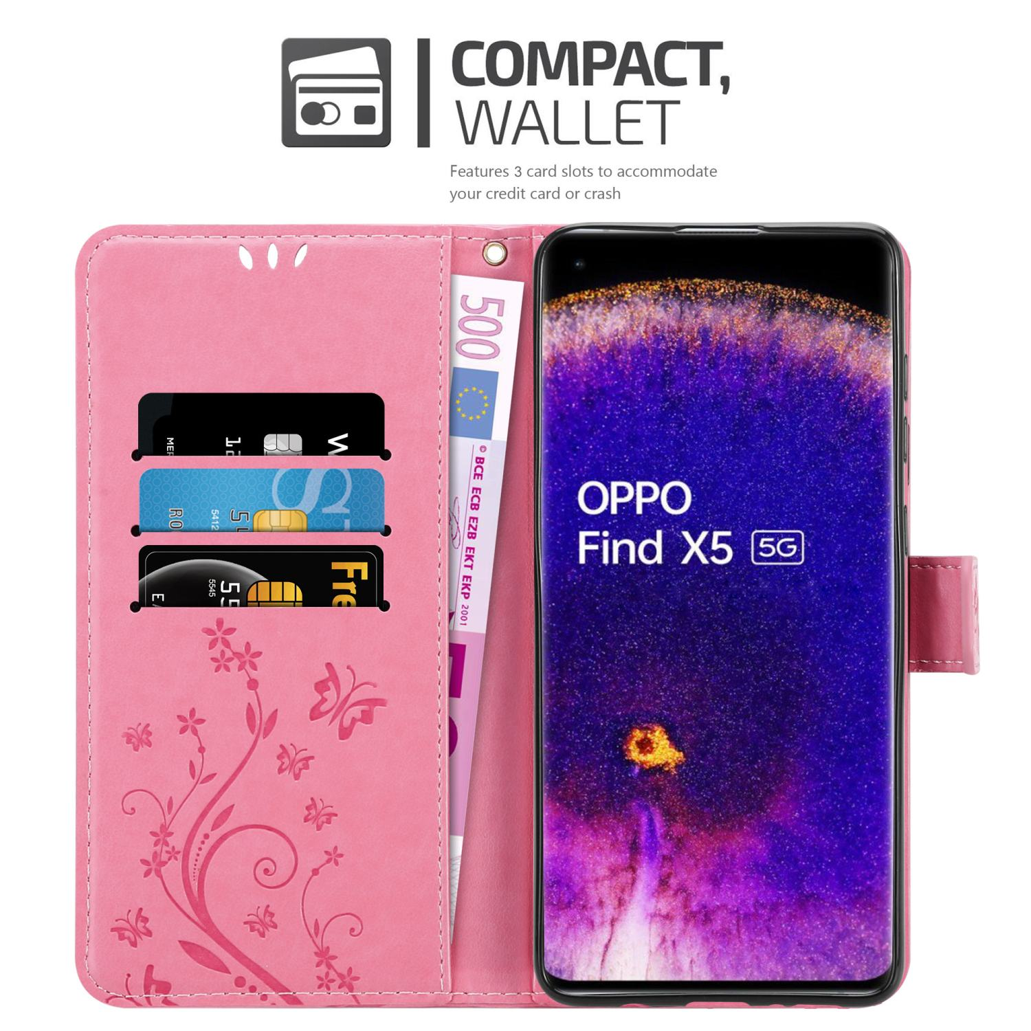 Una custodia per telefono rosa con un design a portafoglio, che mostra carte, denaro e un telefono.