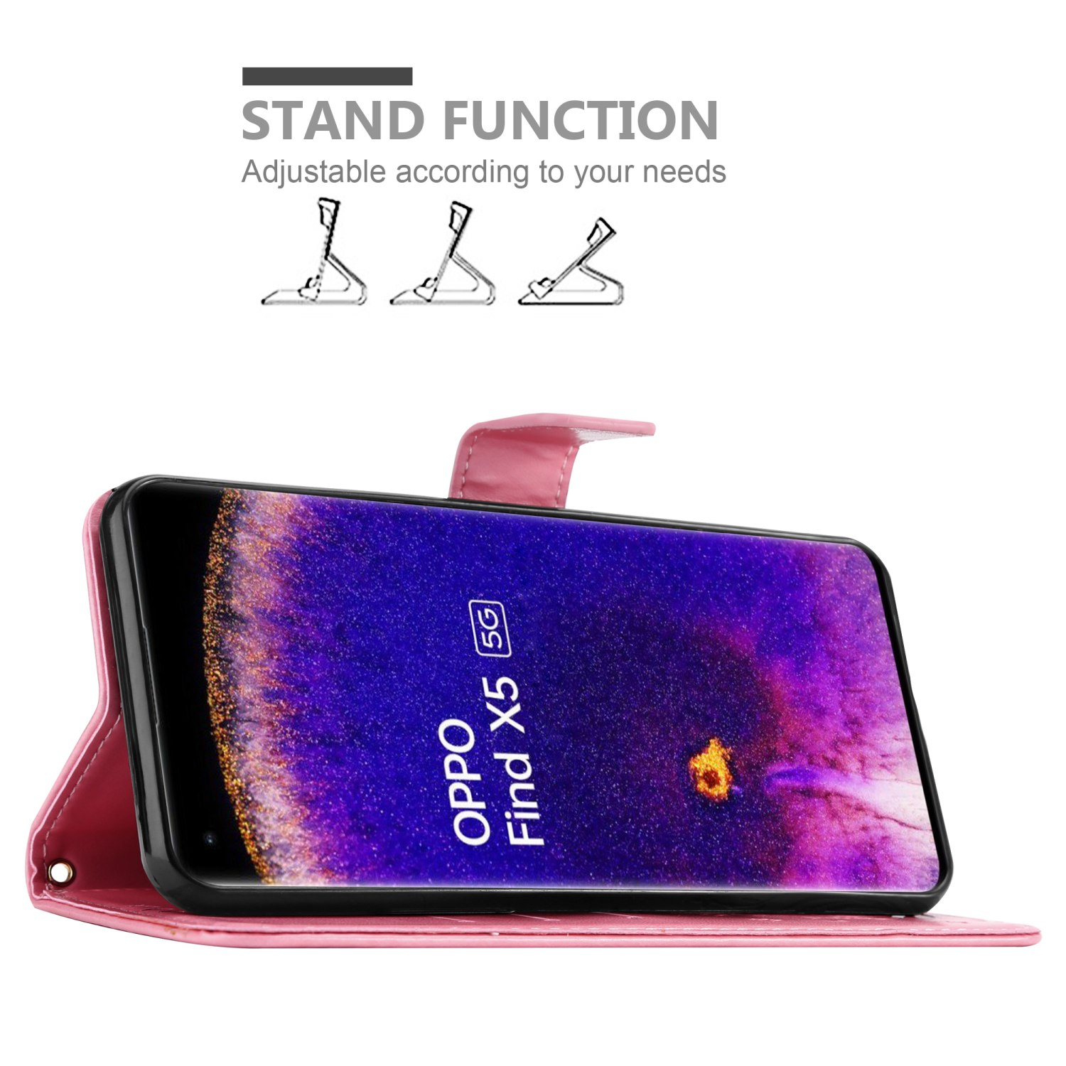 Custodia rosa per telefono con telefono. Testo: Funzione supporto. Sfondo: diagramma della funzione supporto.