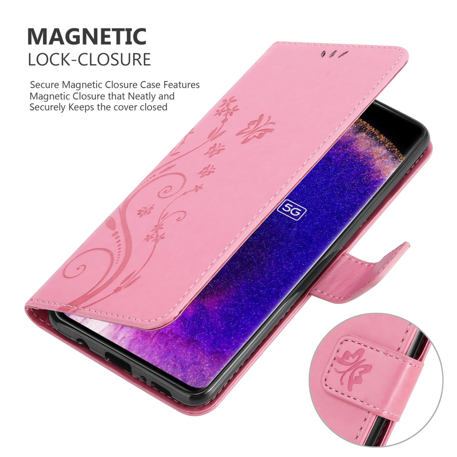 Custodia rosa per telefono con design floreale, aperta per rivelare il telefono. Testo: Chiusura magnetica.