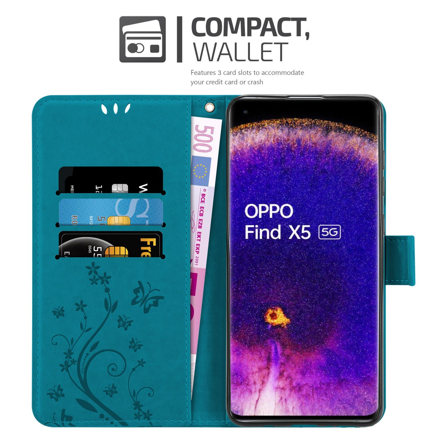 Una custodia a portafoglio turchese per telefono, con carte, una banconota e un telefono viola.