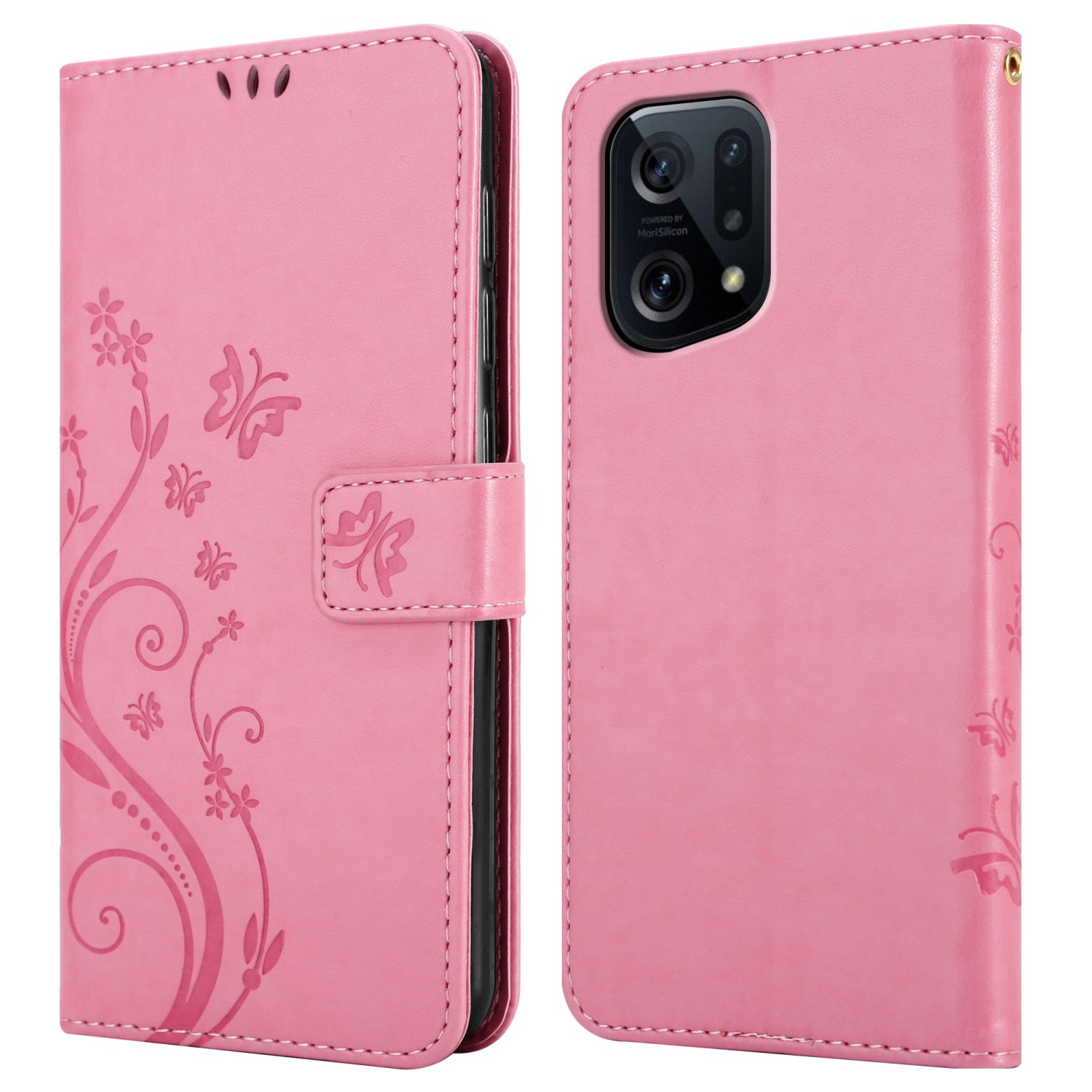 Una custodia per telefono rosa con un motivo floreale, aperta per mostrare un telefono all'interno. Sono incluse anche farfalle.
