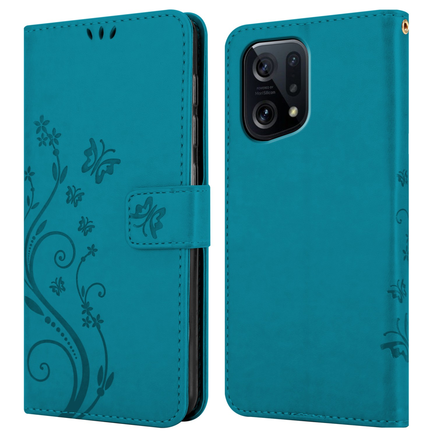 Viene mostrata una custodia per telefono color verde acqua, aperta. È una custodia in stile folio con un design floreale sulla copertina.