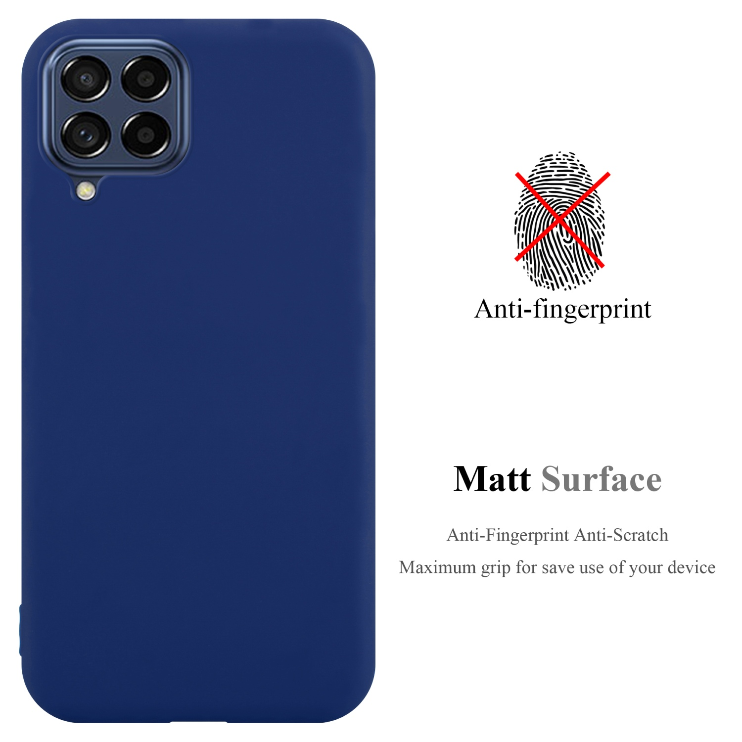 Eine marineblaue Handyhülle. Ein Fingerabdruck ist durchgestrichen.