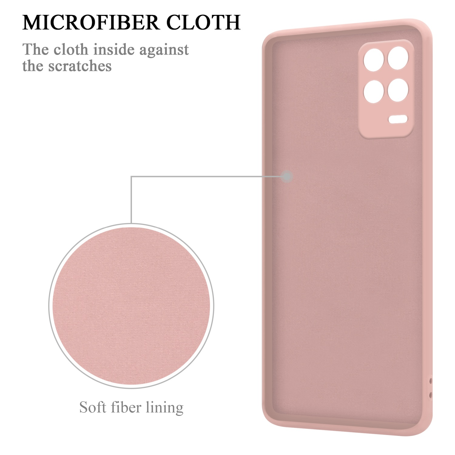 Custodia per telefono rosa, interno con fodera in fibra morbida. La custodia ha fori per la fotocamera.