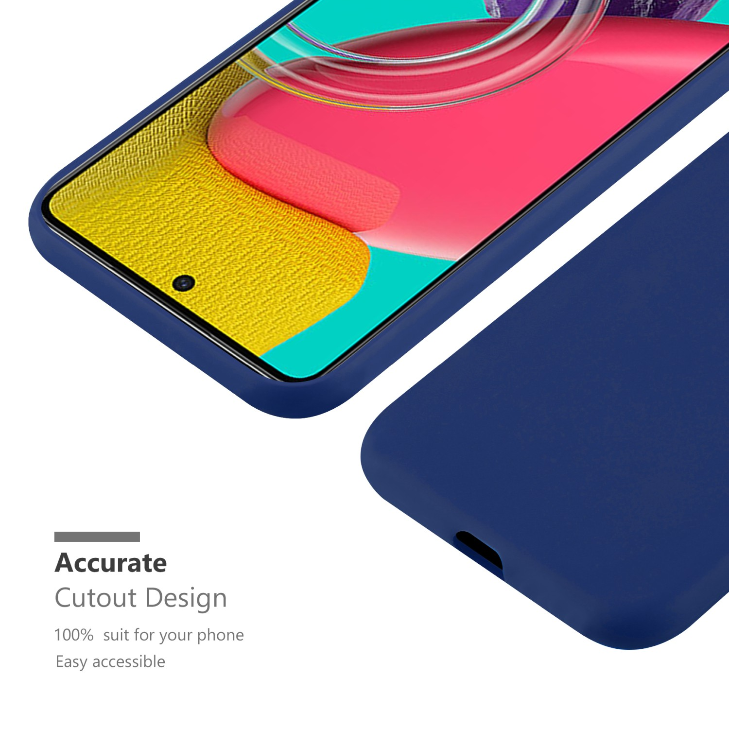 Blaue Handyhülle, Telefon innen. Telefonbildschirm sichtbar. Weißer Hintergrund. Text: Genaues Ausschnittdesign.