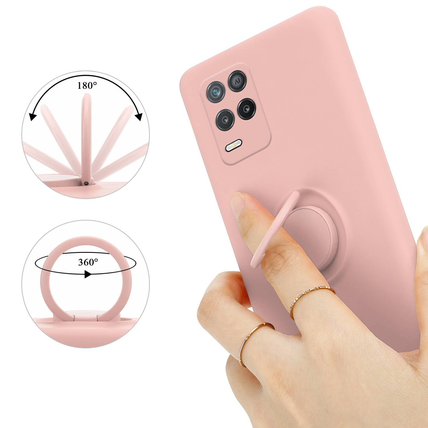 Custodia per telefono rosa, supporto ad anello, funzioni rotanti e pieghevoli, mano.