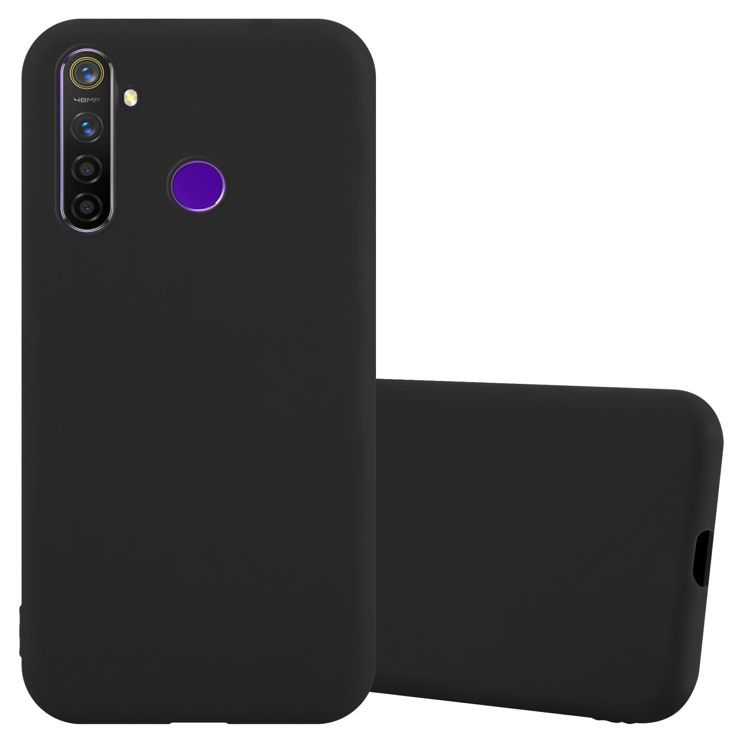 Custodia nera per telefono con fotocamera e punto viola. Due custodie.