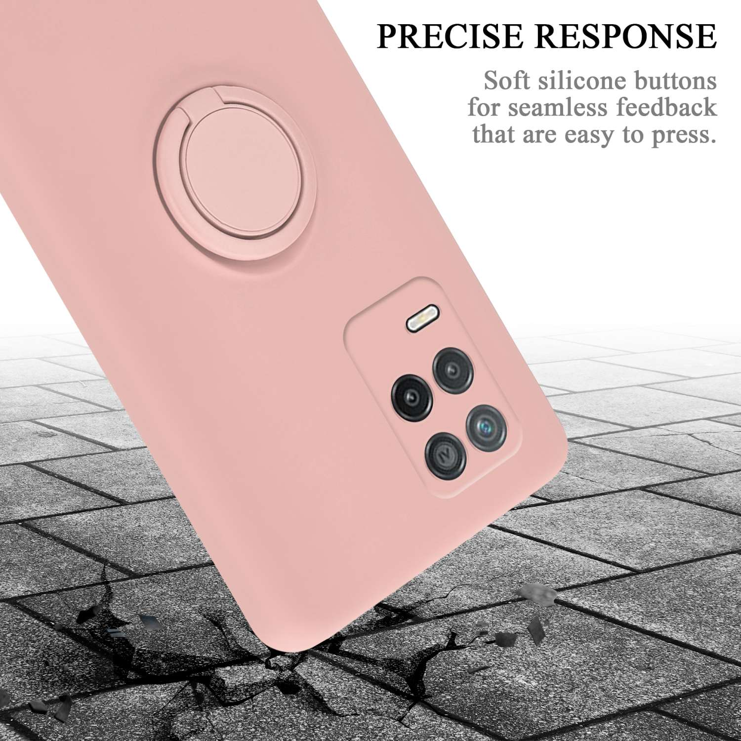 Retro custodia rosa con supporto ad anello e fotocamera. Testo: Risposta precisa, pulsanti in silicone morbido.