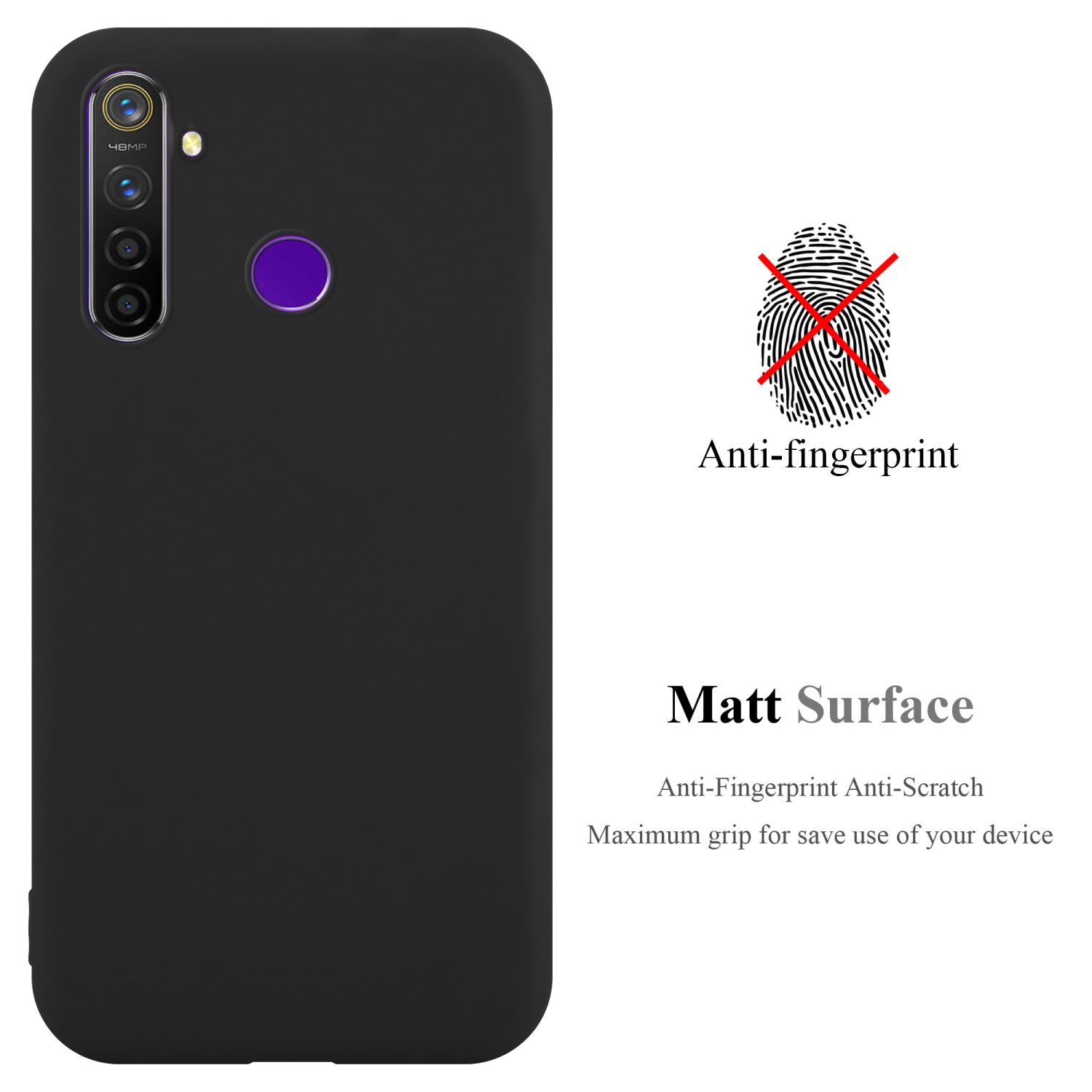Custodia del telefono nera, anti-impronta. Testo: Anti-impronta, superficie opaca. Anti-graffio.