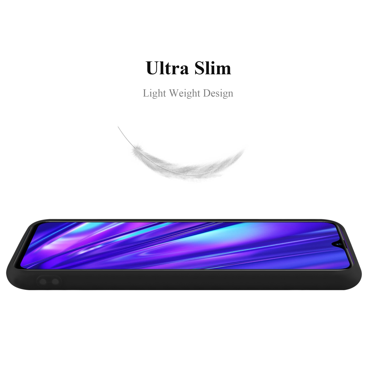 Un telefono con una custodia nera e le parole Ultra Slim. Viene mostrata una piuma.