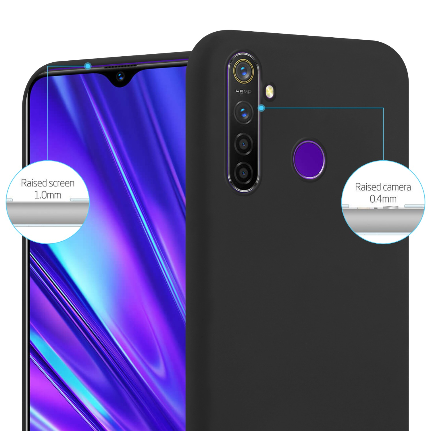Custodia nera per telefono con dettagli schermo e fotocamera evidenziati. Schermo e fotocamera rialzati per la protezione.