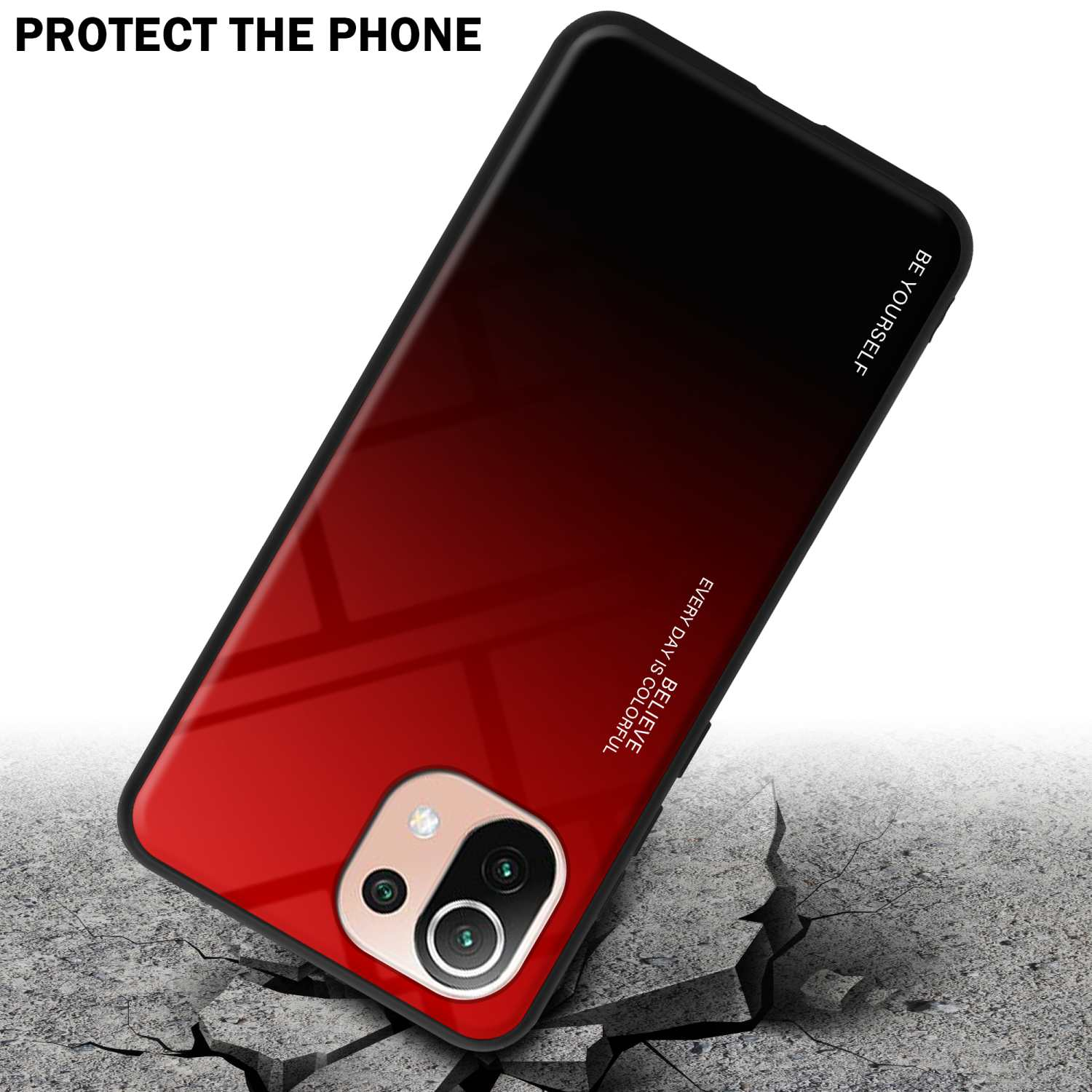 Telefono con custodia sfumata rossa e nera. Il telefono è su una superficie incrinata.