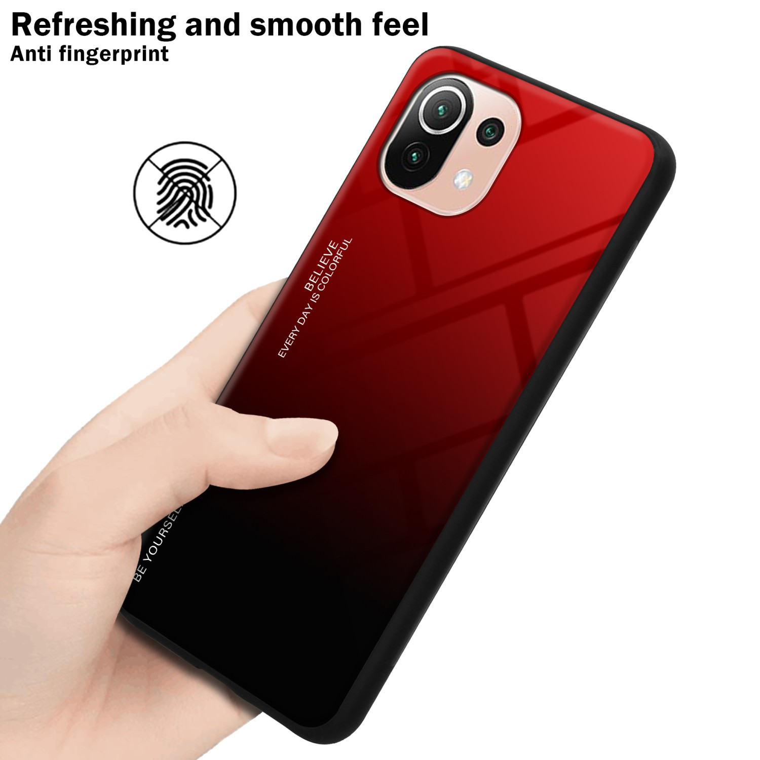Una mano che tiene un telefono con una custodia sfumata rossa e nera.