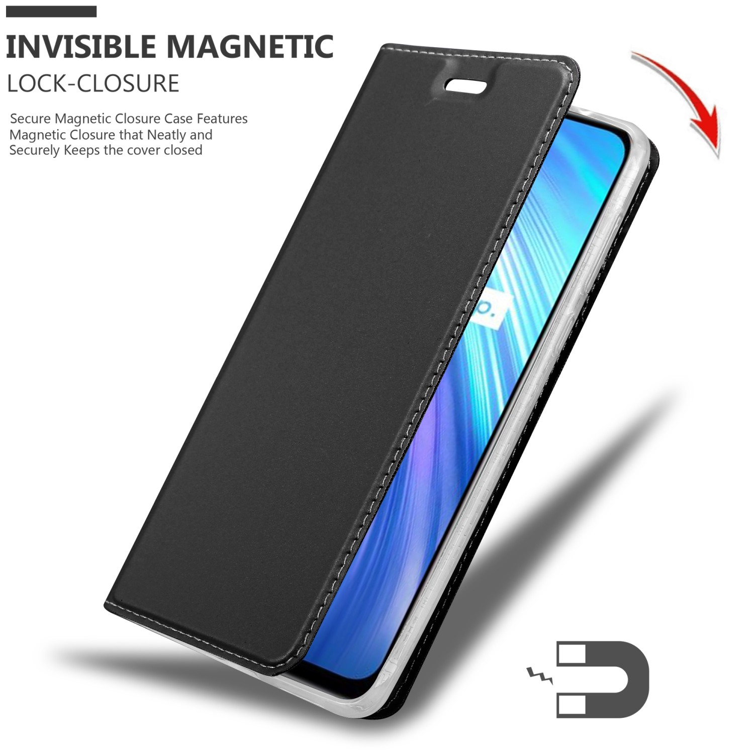Custodia nera, telefono all'interno. Testo: Chiusura magnetica invisibile.