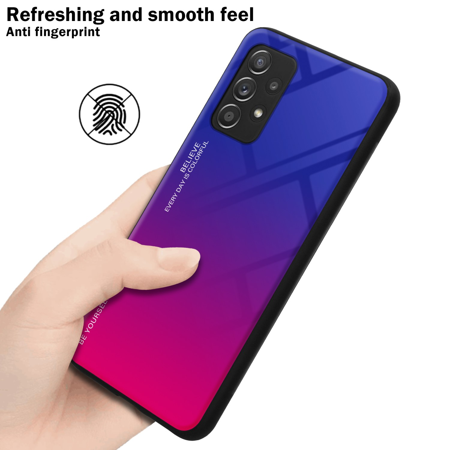 Mano che tiene un telefono con cover posteriore rosa e blu sfumata, testo anti impronte digitali.