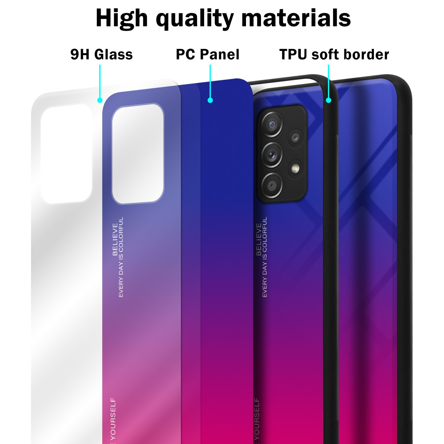 Strati della custodia del telefono: vetro 9H, pannello PC, bordo in TPU. Un design sfumato blu-rosa.