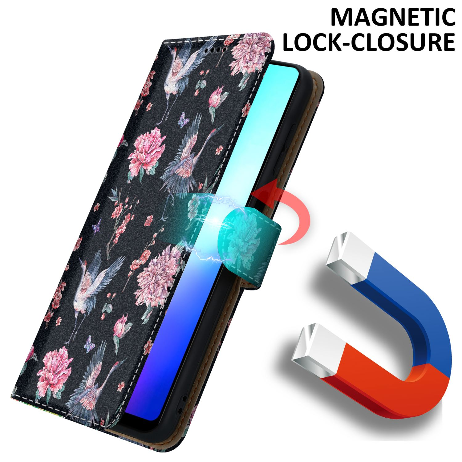Custodia per telefono con design di gru e floreale, chiusura magnetica e calamita visibile.