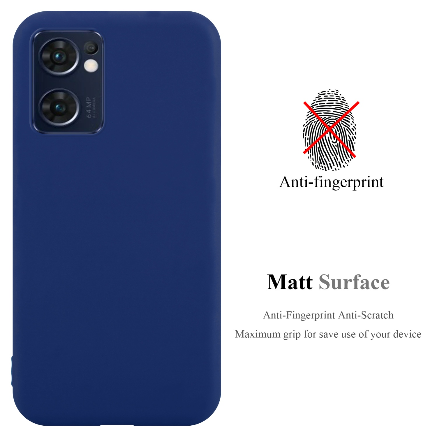Marineblaue Handyhülle mit 'Anti-Fingerprint' und 'Matt Surface'. Ein Fingerabdruck ist durchgestrichen.