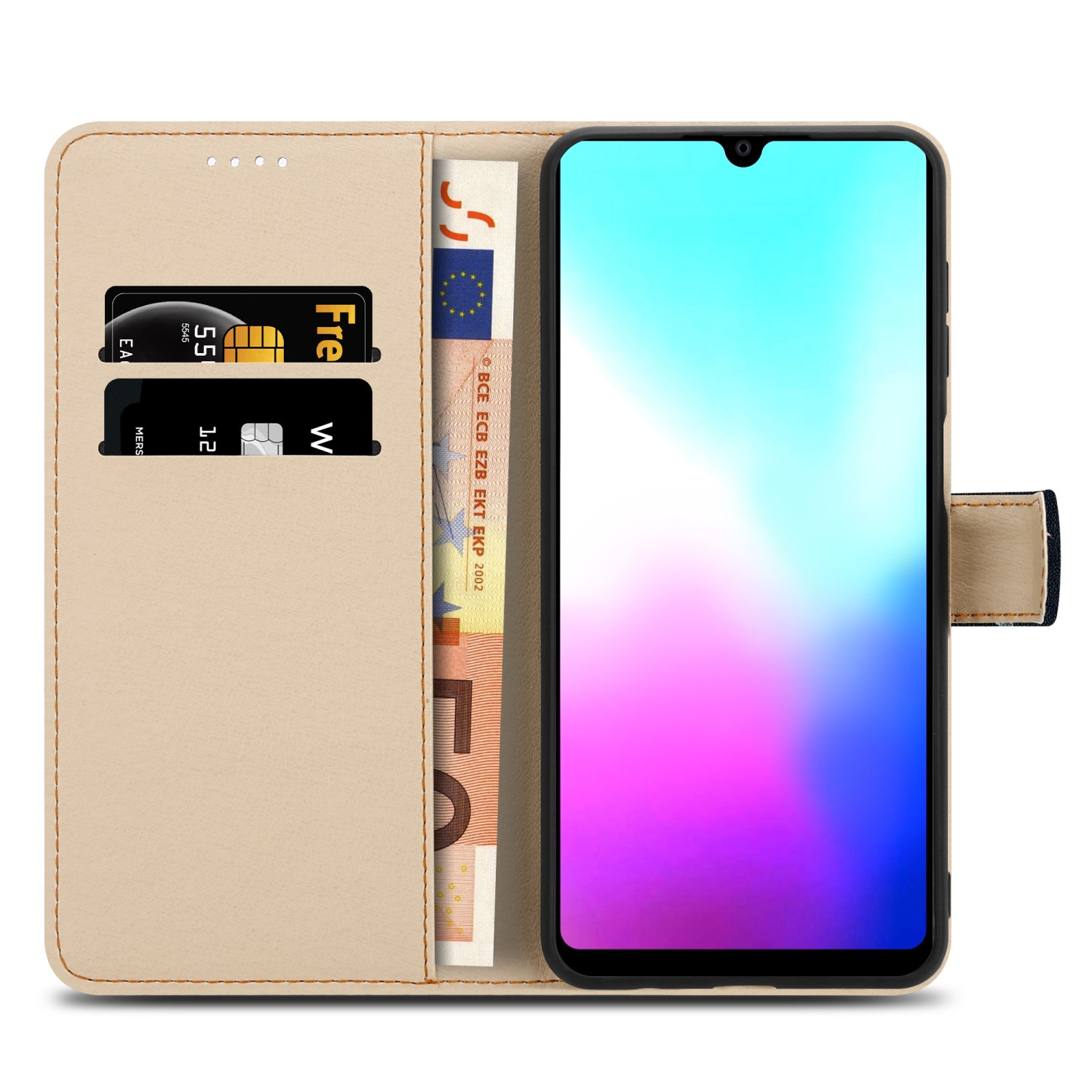 Custodia a portafoglio per telefono aperta con telefono e carte visibili. Il telefono ha uno schermo con gradiente di colore. Euro.