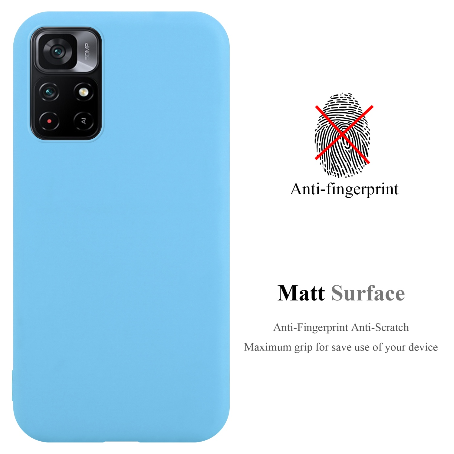 Custodia per telefono azzurro. Simbolo di impronta digitale con una X rossa. Il testo dice Superficie opaca, anti-impronte.