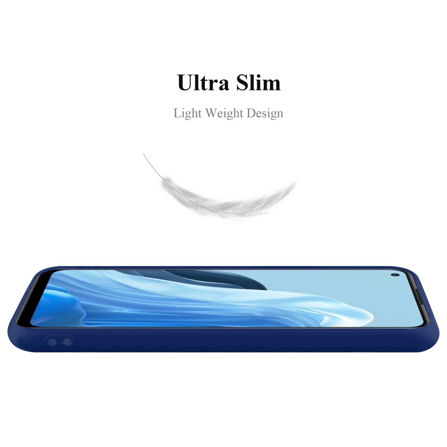 Eine dunkelblaue Handyhülle liegt auf weißem Hintergrund. Der Text oben lautet 'Ultra Slim'.