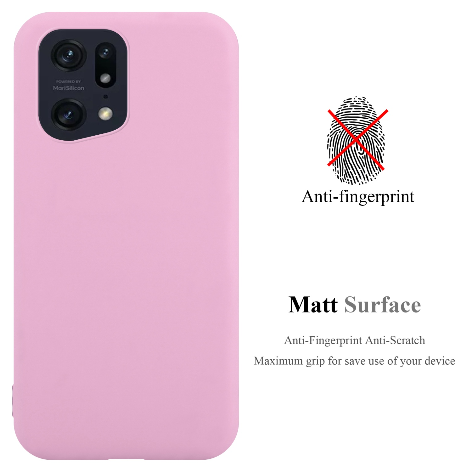 Custodia rosa. Testo: Anti-impronta, superficie opaca. Impronta digitale sbarrata.