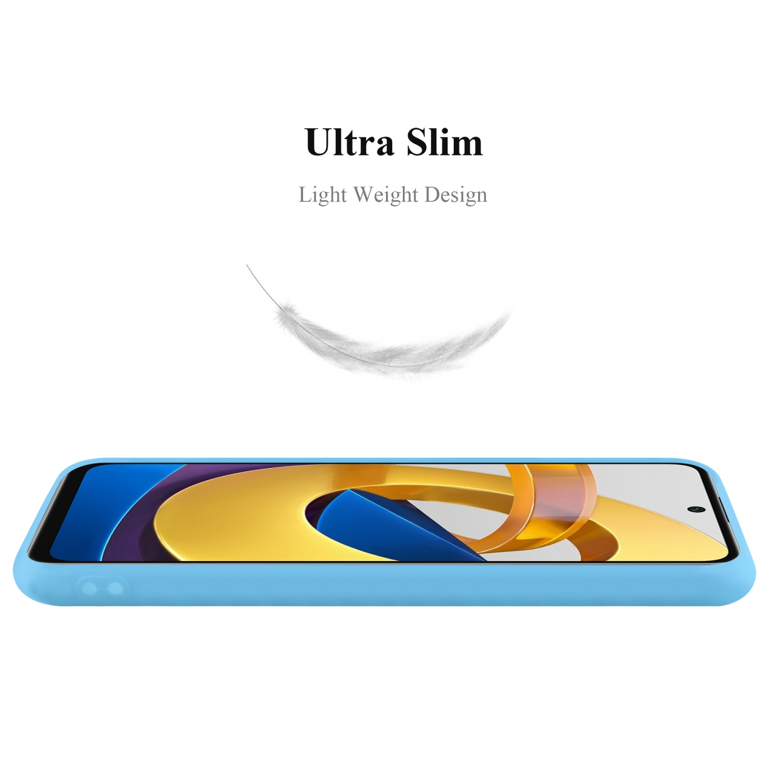 Una custodia per telefono azzurra, con una piuma che fluttua sopra. Il testo bianco dice: Ultra Slim.