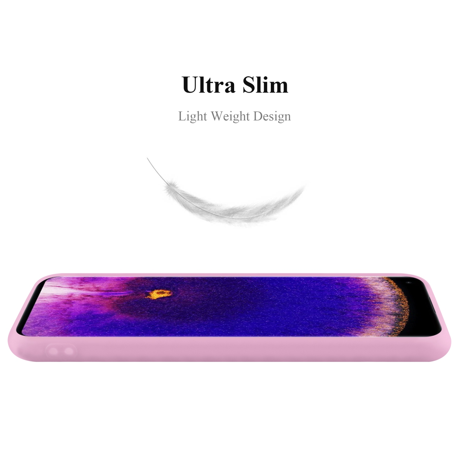 Una custodia rosa per telefono sul lato con una singola piuma fluttuante sopra. La custodia ha un design leggero.