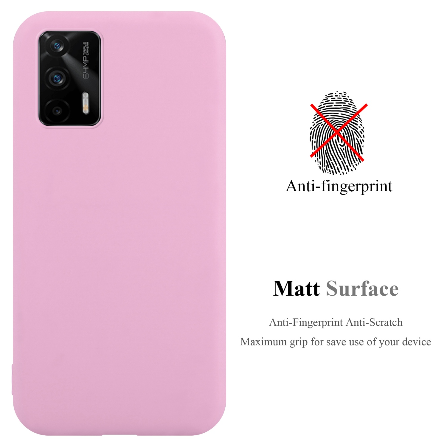 Eine rosa Handyhülle wird gezeigt. Der Text lautet Anti-Fingerabdruck und matte Oberfläche.