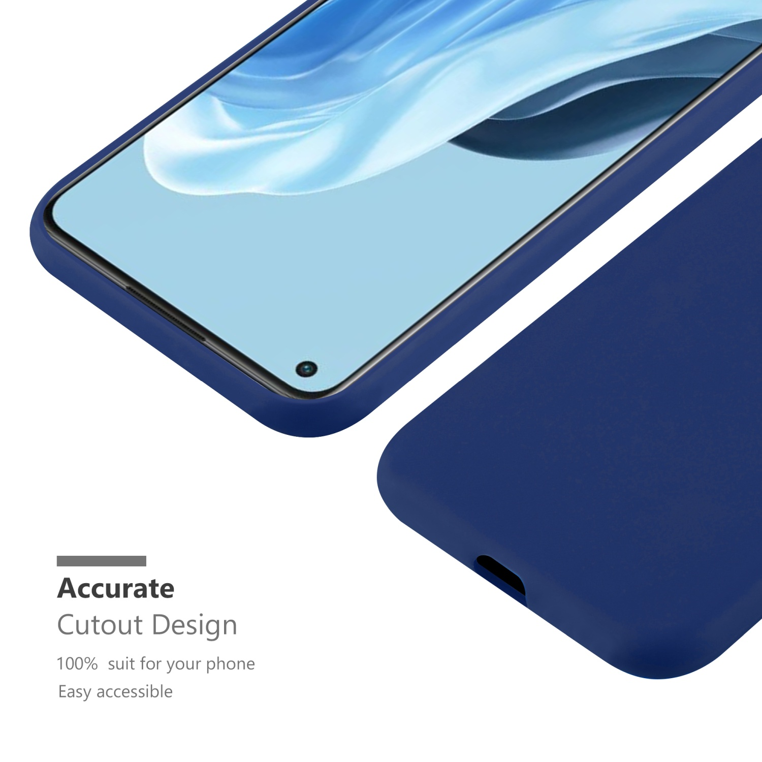 Blaue Handyhülle mit Telefon. Text: Accurate Cutout Design 100% suit for your phone Easy accessible.
