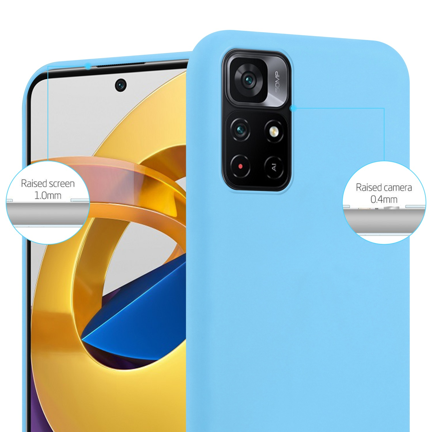 Una custodia per telefono azzurra con un telefono all'interno. Il testo mostra i dettagli dello schermo e della fotocamera rialzati.