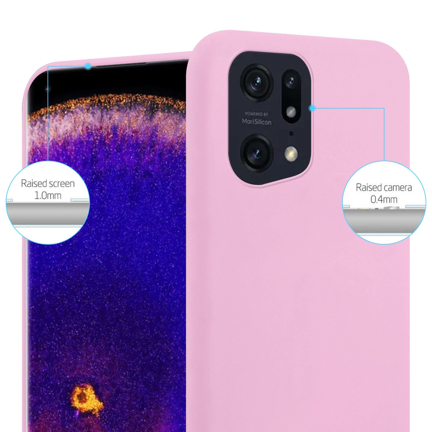 Custodia per telefono rosa. I bordi rialzati dello schermo e della fotocamera sono evidenziati. Il testo indica rispettivamente 1,0 mm e 0,4 mm.