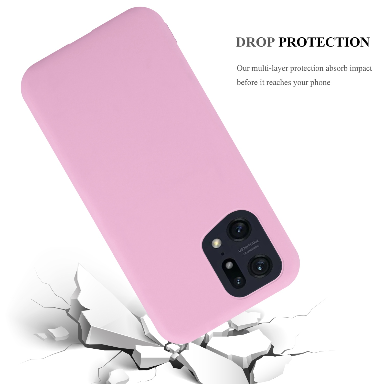Custodia per telefono rosa, inclinata. Superficie bianca sotto, con crepe. Il testo dice 'DROP PROTECTION'.