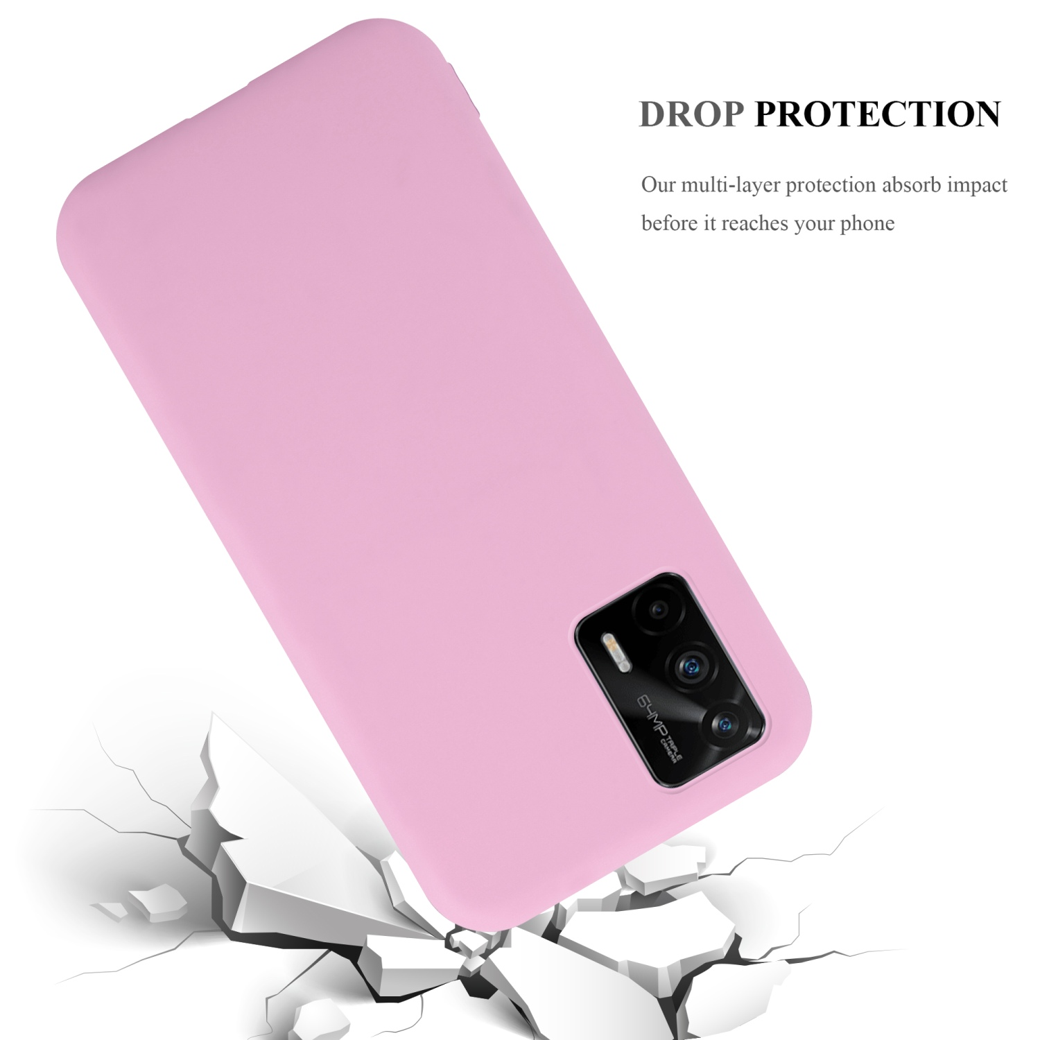 Eine pinke Handyhülle mit Text 'DROP PROTECTION' wird gezeigt. Die Hülle liegt auf einer zerbrochenen Oberfläche.